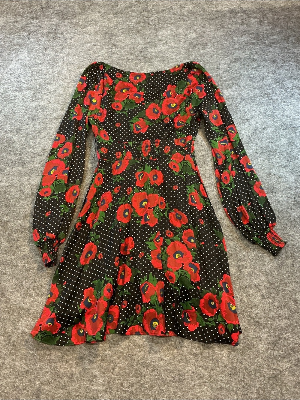 Free People Pin Up Style Red Rose & Polka Dot Long Sleeve V Neck Dress Size 0 - Picture 4 of 4